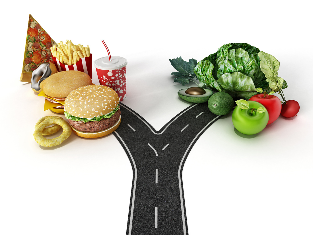 Choice between fast food and healthy food